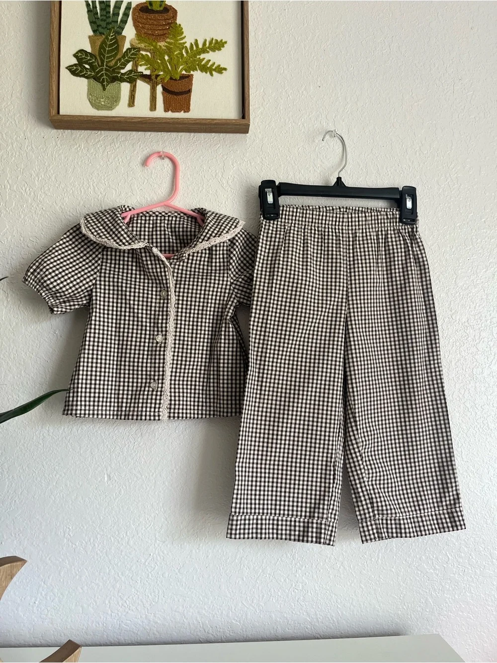 btween Brown & White Gingham Pajama Set with Peter Pan Collar